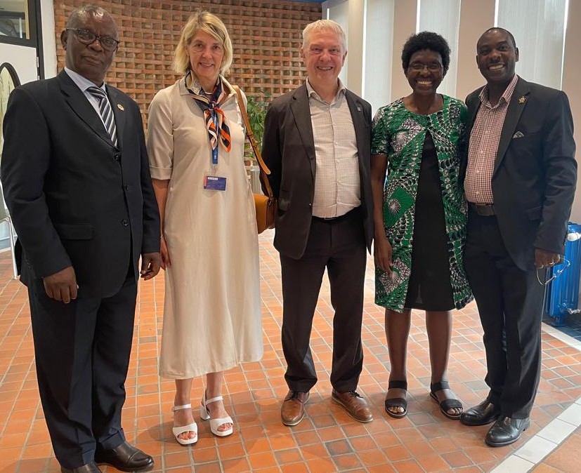 L-R: Assoc Prof. Charles Tushabomwe-Kazooba the Deputy Vice Chancellor MUST, Prof. Karin Vanderkerken the VUB Vice Rector for Internationalisation, Prof. Jan Danckaert, Rector VUB, Prof. Emily Achieng Akuno the Vice Chancellor for JOOUST and Dr. Medard Twinamatsiko Deputy Local Coordinator UCoBS